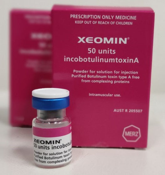 Image showing front packaging and unboxed Xeomin (50 units/vial) for sale online