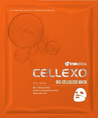 Orange packaging of Cellexo bio-cellulose mask with brand logo and text.