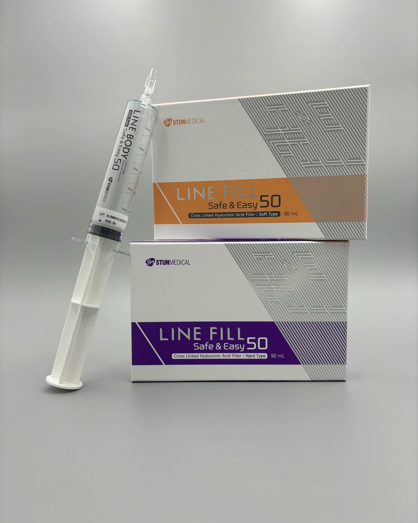 Stemedical Line Fill 50 syringe and packaging on a gray background