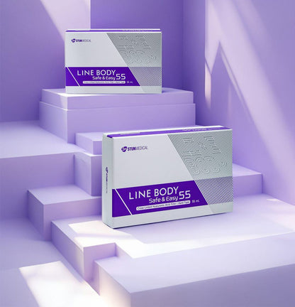 Two boxes of 'Line Body Safe & Easy 55' on a purple geometric background