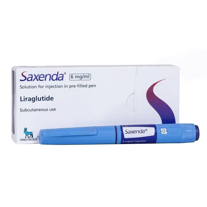 Saxenda liraglutide 6 mg per mL pre-filled injection pen and packaging by Novo Nordisk