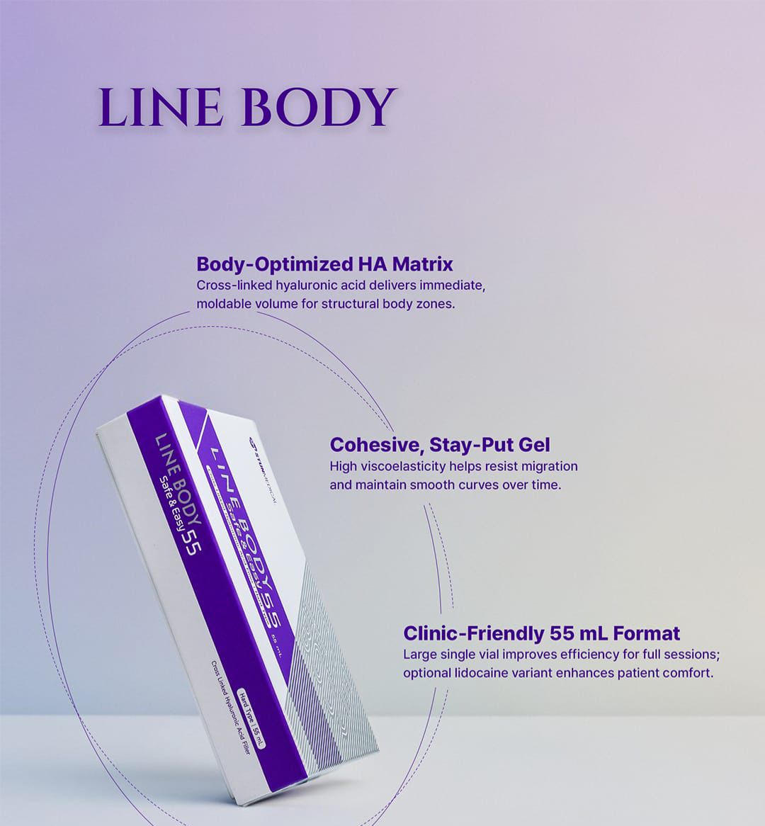 Box of Line Body product with text on a light purple background