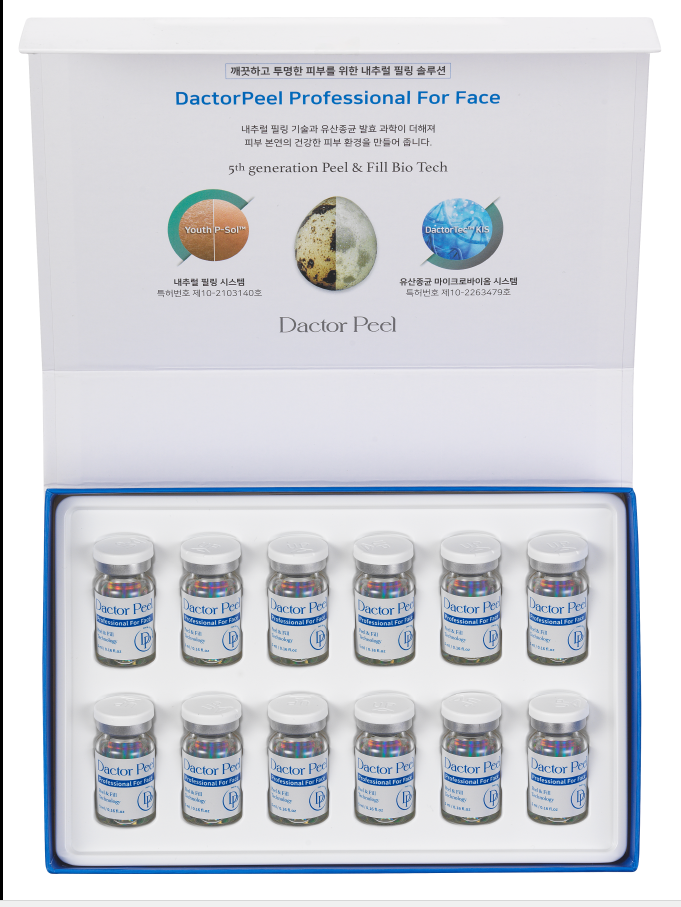 Schachtel mit Doctor Peel professionellen Gesichtsbehandlungsampullen mit Markenlogo und Produktinformationen.