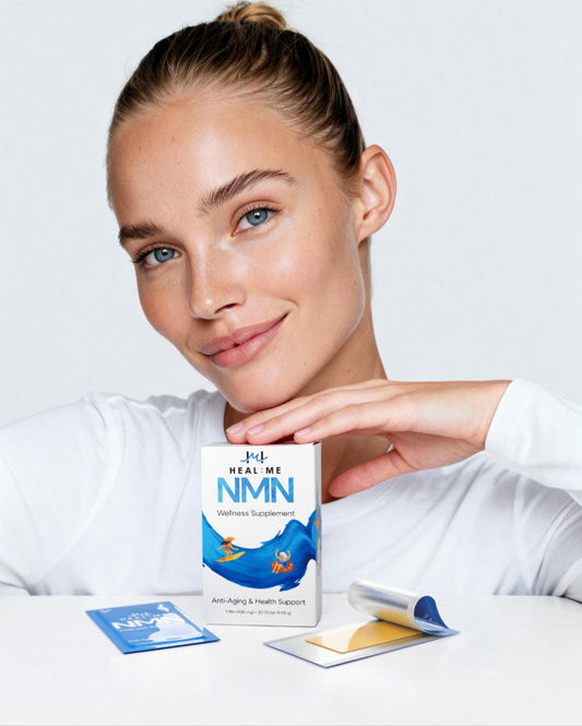  HEAL:ME NMN-Nahrungsergänzungsfilm, der sich auf der Zunge auflöst; Absorptionsdiagramm für NMN im Vergleich zu Kapseln; Heal:me-Verpackung; eine Frau hält 30 Stück in der Hand 