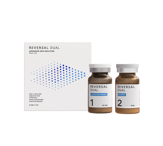 Reversal Dual skincare solution with two bottles and a box on a white background