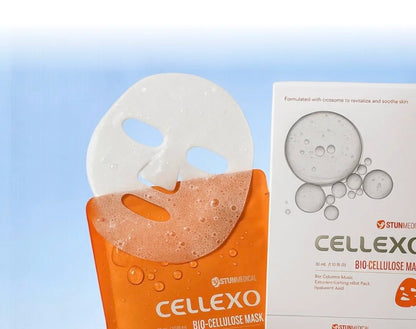 CELLEXO bio-cellulose mask packaging with a blue gradient background